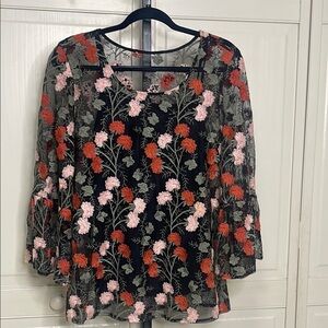 Solitaire Black Mesh Floral Embroidery 3/4 Bell Sleeve Top w/ Cami Size M Blouse